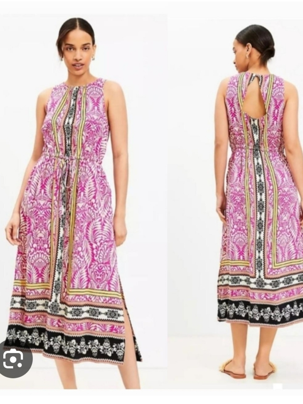 LOFT Pink Printed Midi Dress with Black & Yellow Accents